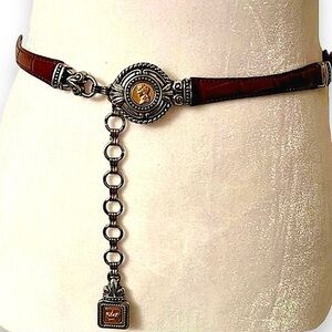 Vintage statement belt brown leather & silver & gold toned decoration EUC